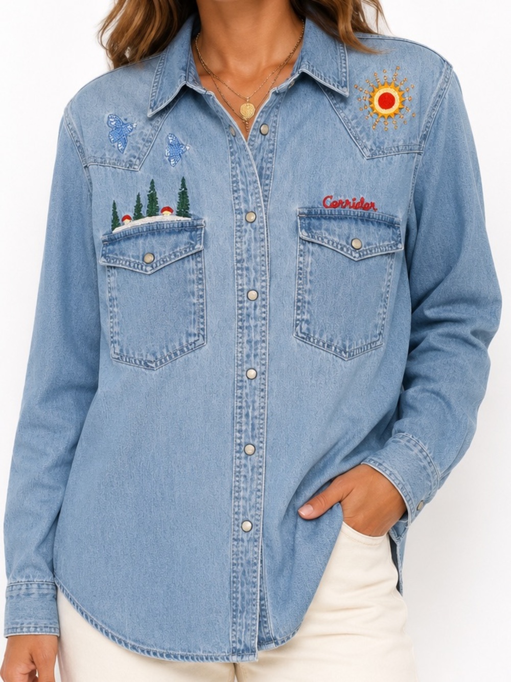 Corridor New York Sefirot Mountain Embroidery Western Snap Shirt Small Denim